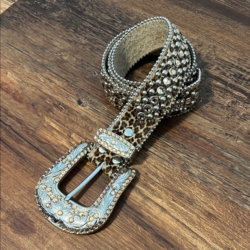 BB Simon Leopard Print Studded Belt with Silver Buckle